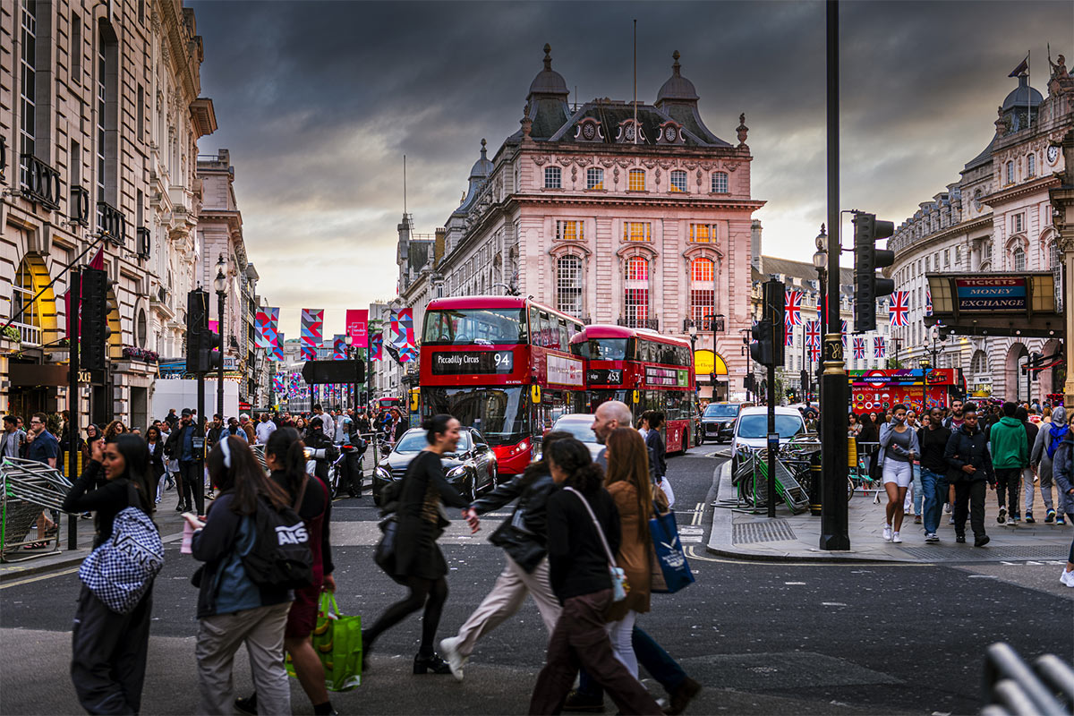 A busy scene in London’s Piccadilly Circus in June 2023.
