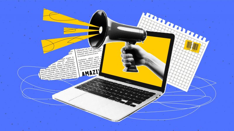 Collage with a laptop and a hand holding a loudspeaker