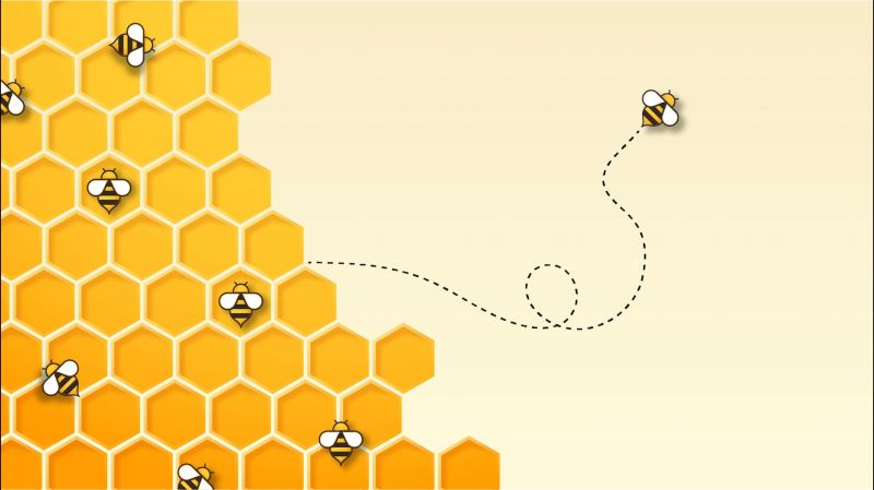 Illustration of bees on a honeycomb and one bee flying away