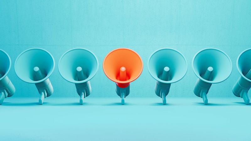 Megaphones in front of a blue background. One of the megaphones is a coral color