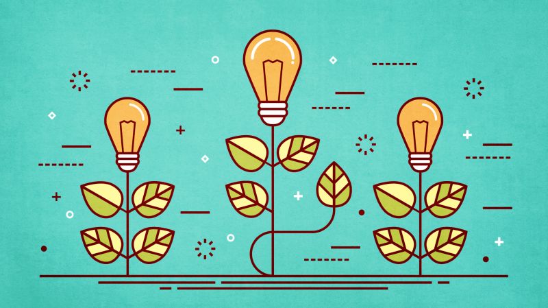 illustration of plants with light bulbs on teal background. Concept for growing entrepreneurship.