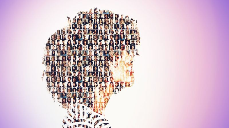 Composite image of a diverse group of people superimposed on a woman's side profile.