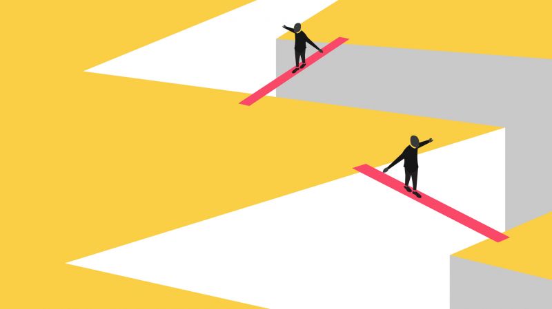 Illustration of two people crossing gaps in the ground on red planks 