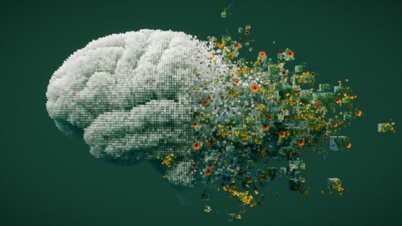 3D illustration of a human brain constructed from digital cubes dissolving into natural elements like flowers and greenery.