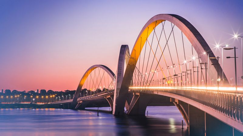 Side view of the JK brigde in Brasília, Brazil during sunset.