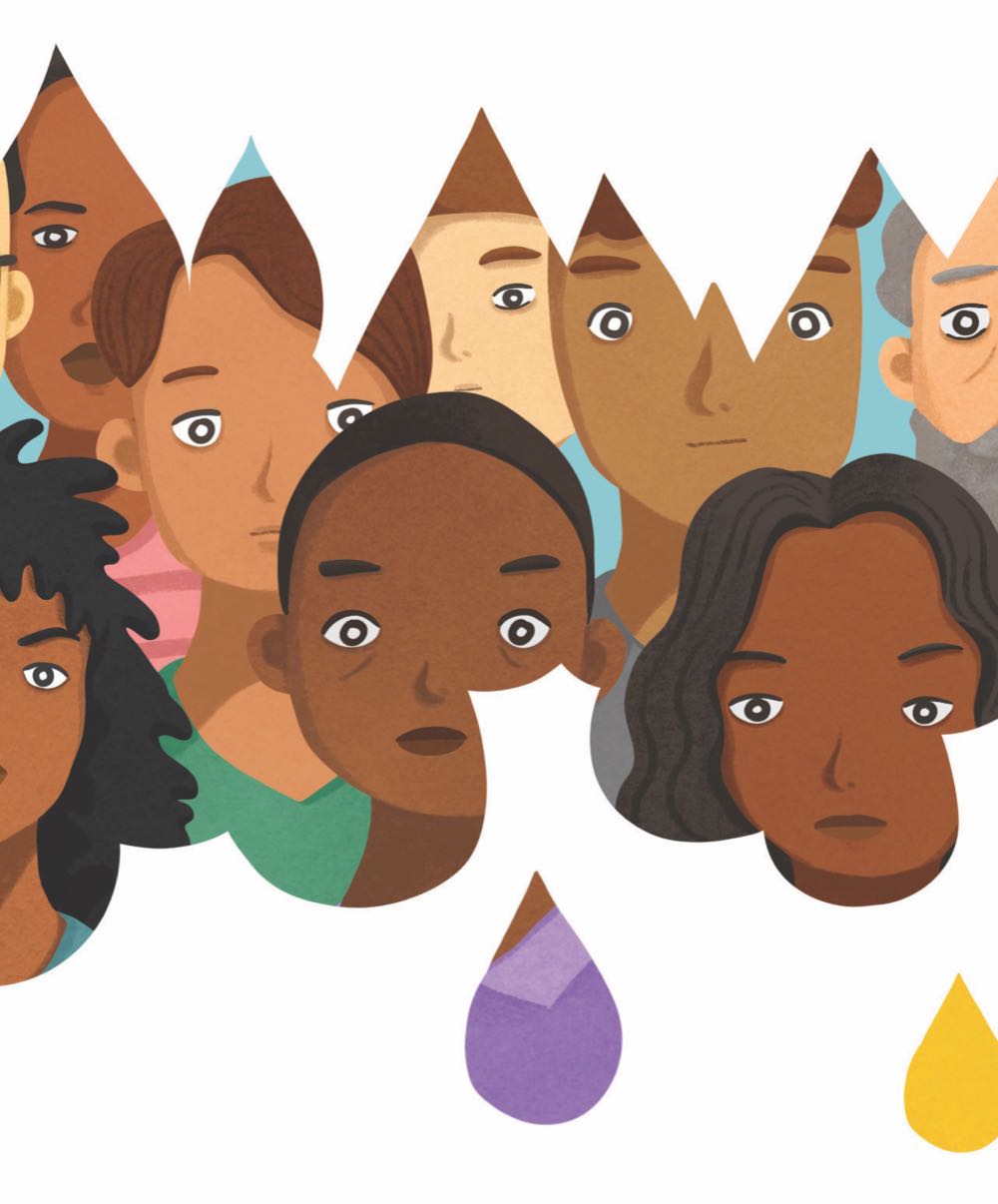 An illustration of people inside tear drop shapes