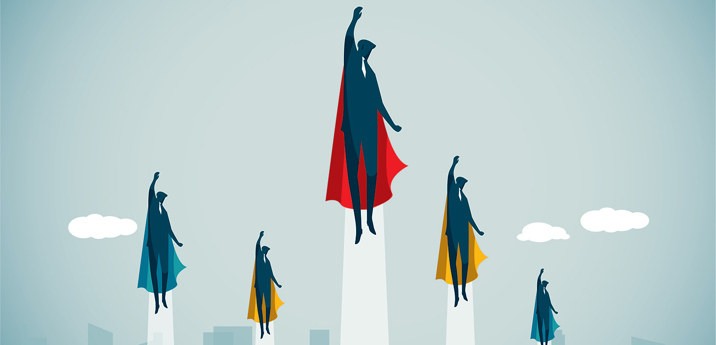 Illustrations of people wearing capes and flying