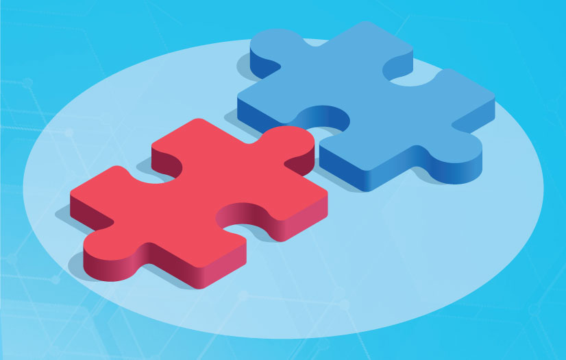 An isometric illustration of two puzzle pieces fitting together.