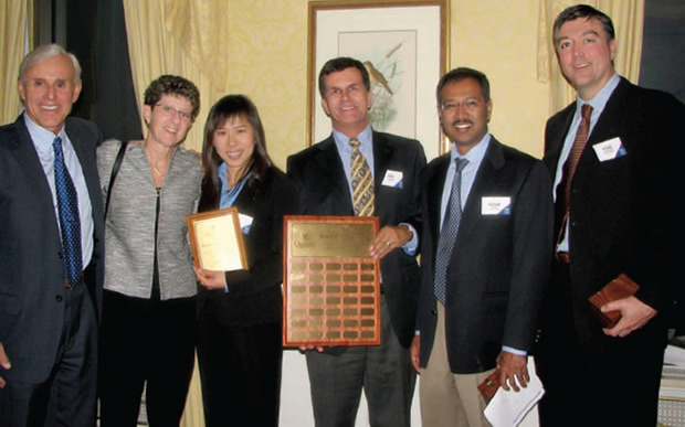 From left, Don Bayne, Andrea Giffin, Yi Zheng, EMBA’01 teammates Ian Lovsin, Azam Syed, and René Faucher.