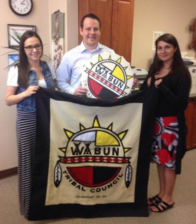 Russell with Tianna Mckay-Golinowski and Julie Cyr during a visit to the Wabun Tribal Council in Timmins, Ont., in May.