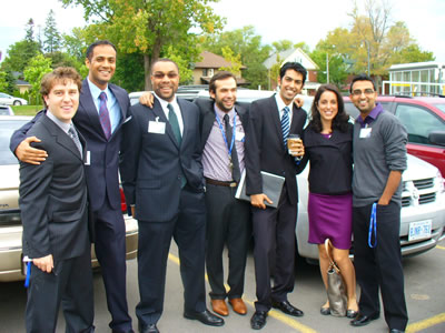 MBA students on the Tour, from left, Chris Sinkinson, Gautam Garg, Andrew Barclay, Khalil Saade, Sufian Mughal, Sara Dudley and Ashutosh Kaushik