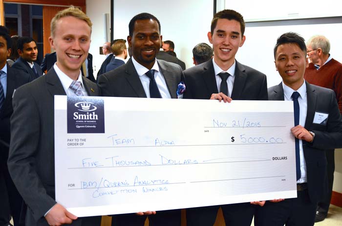 The winning team of MMA’16 students, from left, Simon Campbell, Errol Muirhead, Brandon Hewitt, BSc(Eng’15), and Steven Wu, MPA’13.