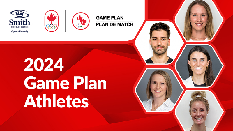 Five Team Canada athlete headshots with the Smith School of Business and Game Plan logos on red